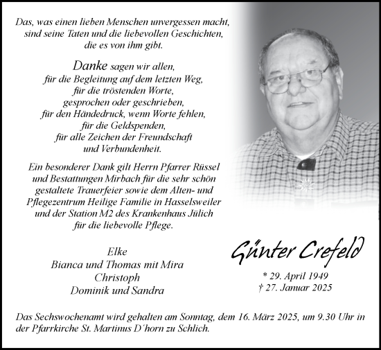 Traueranzeige von Günter Crefeld von Zeitung am Sonntag