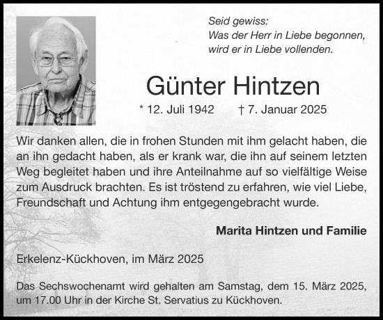 Traueranzeige von Günter Hintzen von Zeitung am Sonntag