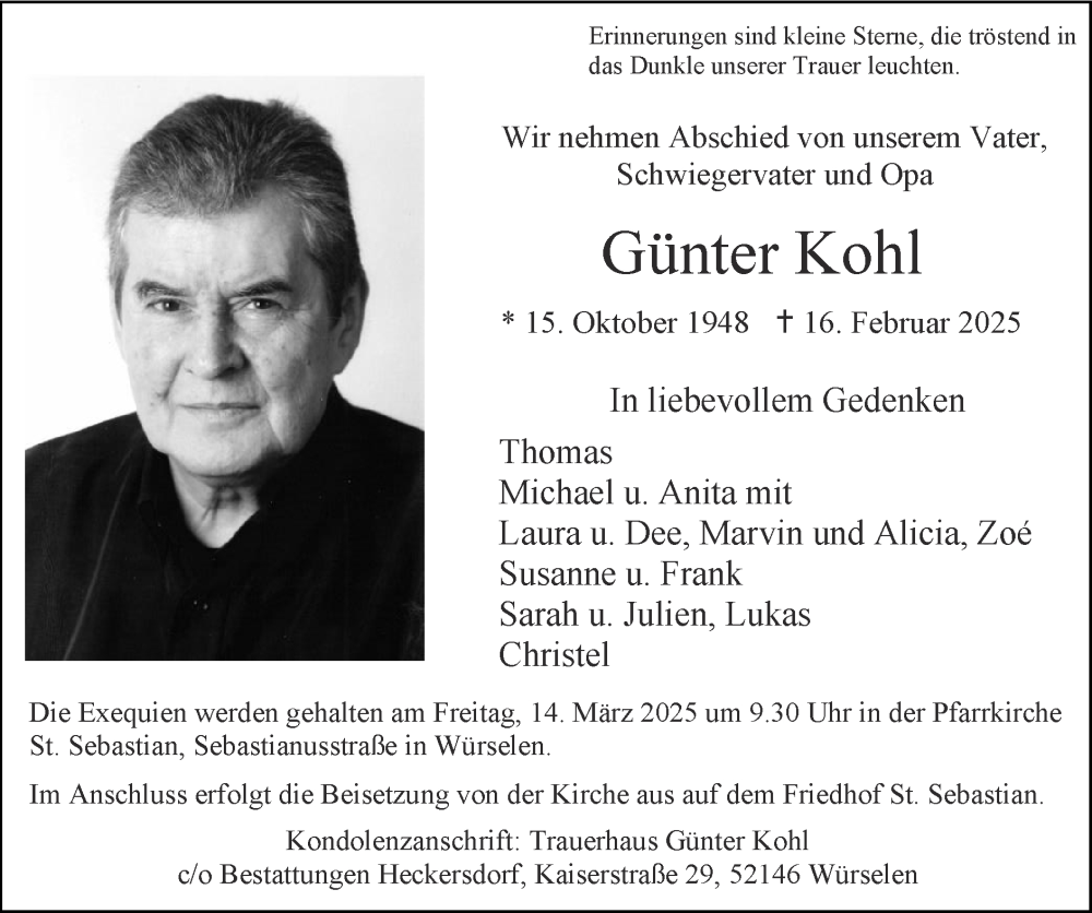 Traueranzeige für Günter Kohl vom 09.03.2025 aus Zeitung am Sonntag