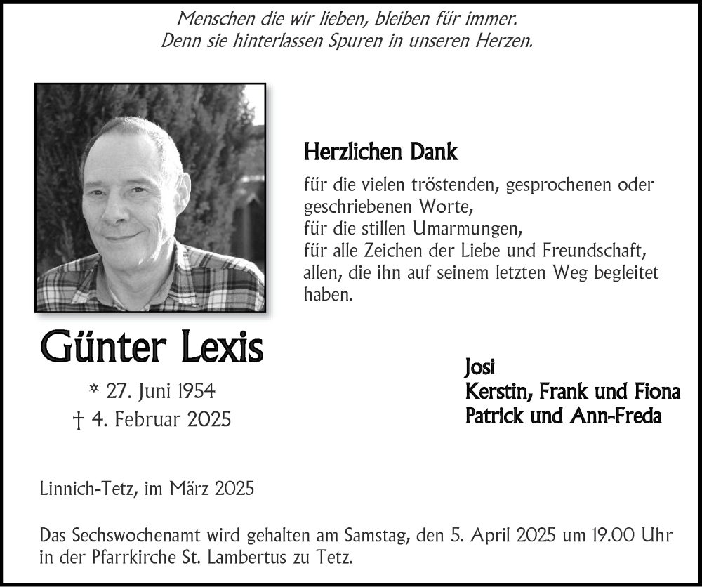  Traueranzeige für Günter Lexis vom 23.03.2025 aus Zeitung am Sonntag