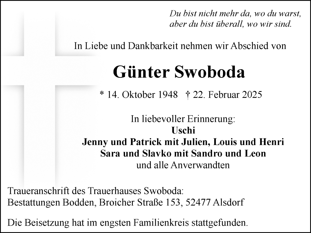  Traueranzeige für Günter Swoboda vom 02.03.2025 aus Zeitung am Sonntag