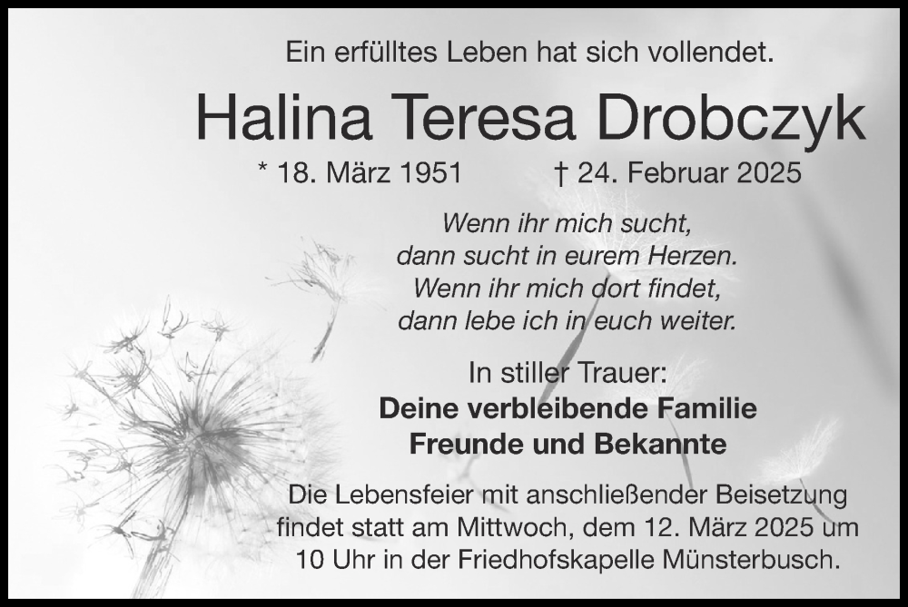  Traueranzeige für Halina Teresa Drobczyk vom 09.03.2025 aus Zeitung am Sonntag