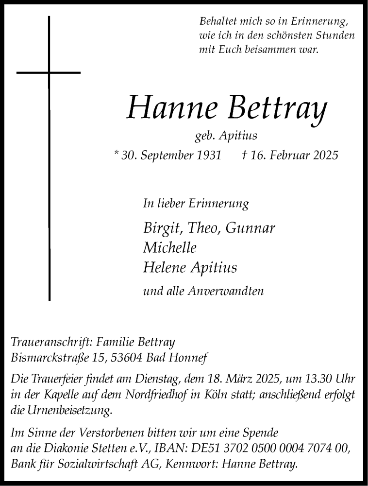  Traueranzeige für Hanne Bettray vom 08.03.2025 aus Aachener Zeitung