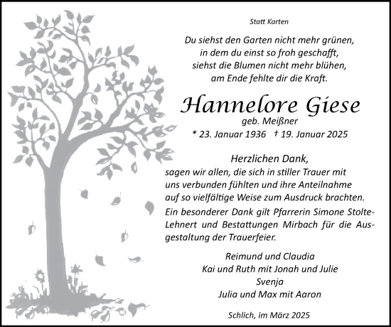 Traueranzeige von Hannelore Giese von Zeitung am Sonntag