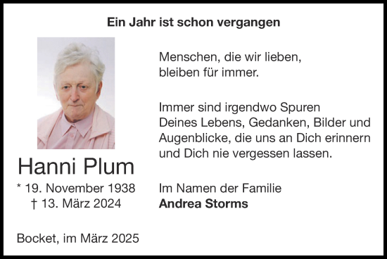 Traueranzeige von Hanni Plum von Zeitung am Sonntag