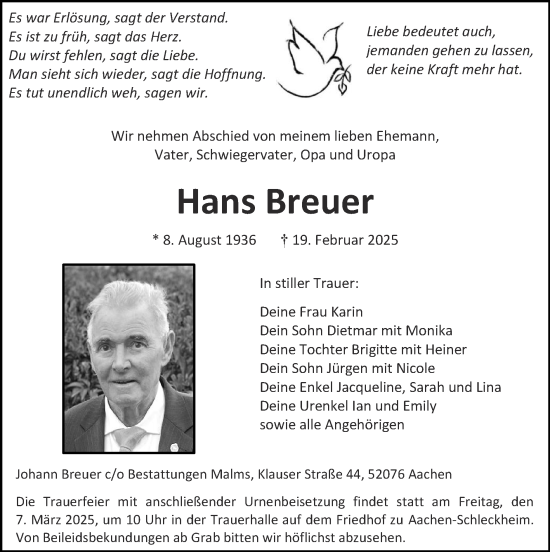 Traueranzeige von Hans Breuer von Zeitung am Sonntag