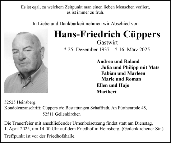 Traueranzeige von Hans-Friedrich Cüppers von Zeitung am Sonntag