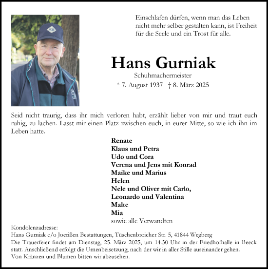 Traueranzeige von Hans Gurniak von Zeitung am Sonntag