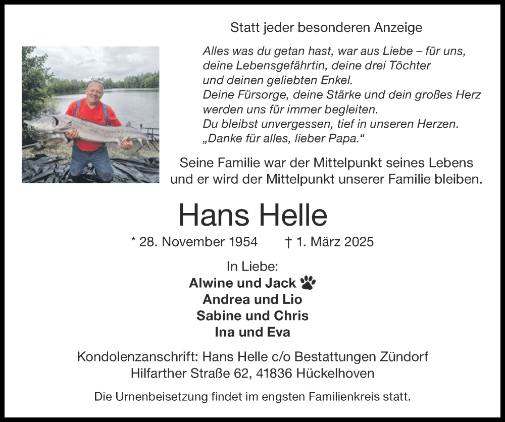  Traueranzeige für Hans Helle vom 16.03.2025 aus Zeitung am Sonntag