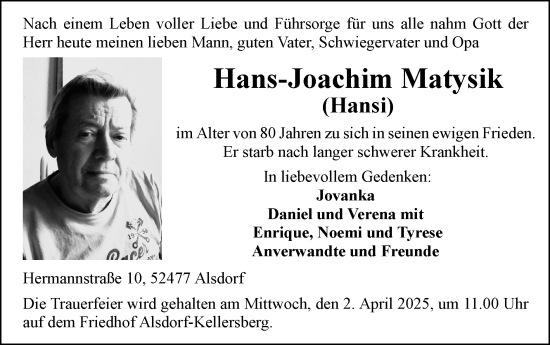 Traueranzeige von Hans-Joachim Matysik von Zeitung am Sonntag