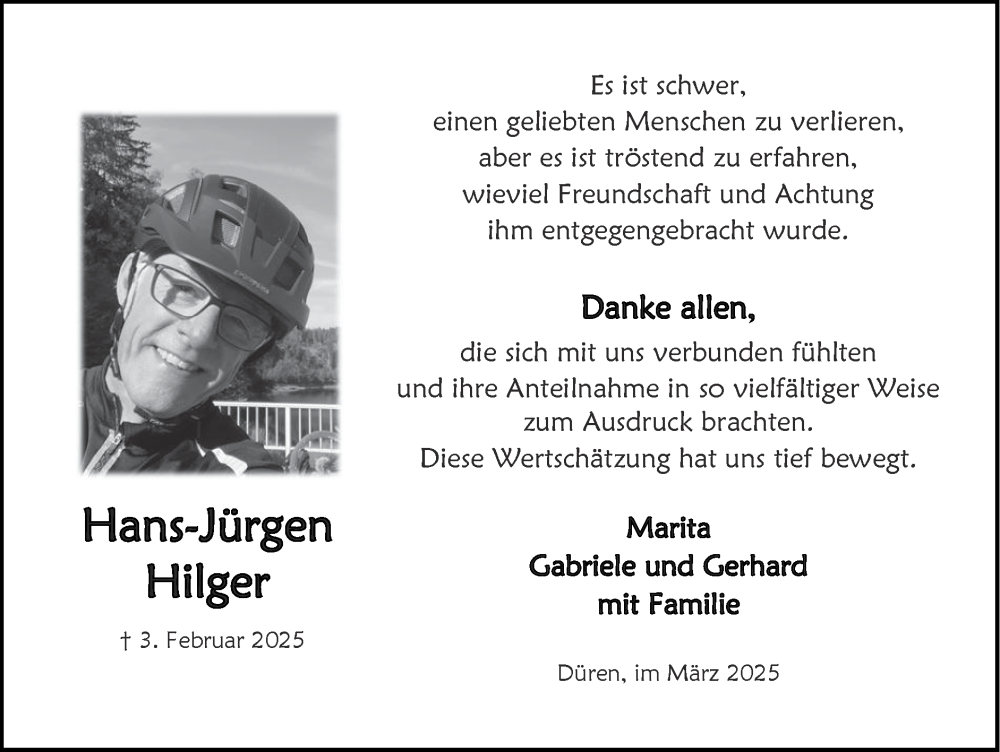  Traueranzeige für Hans-Jürgen Hilger vom 23.03.2025 aus Zeitung am Sonntag