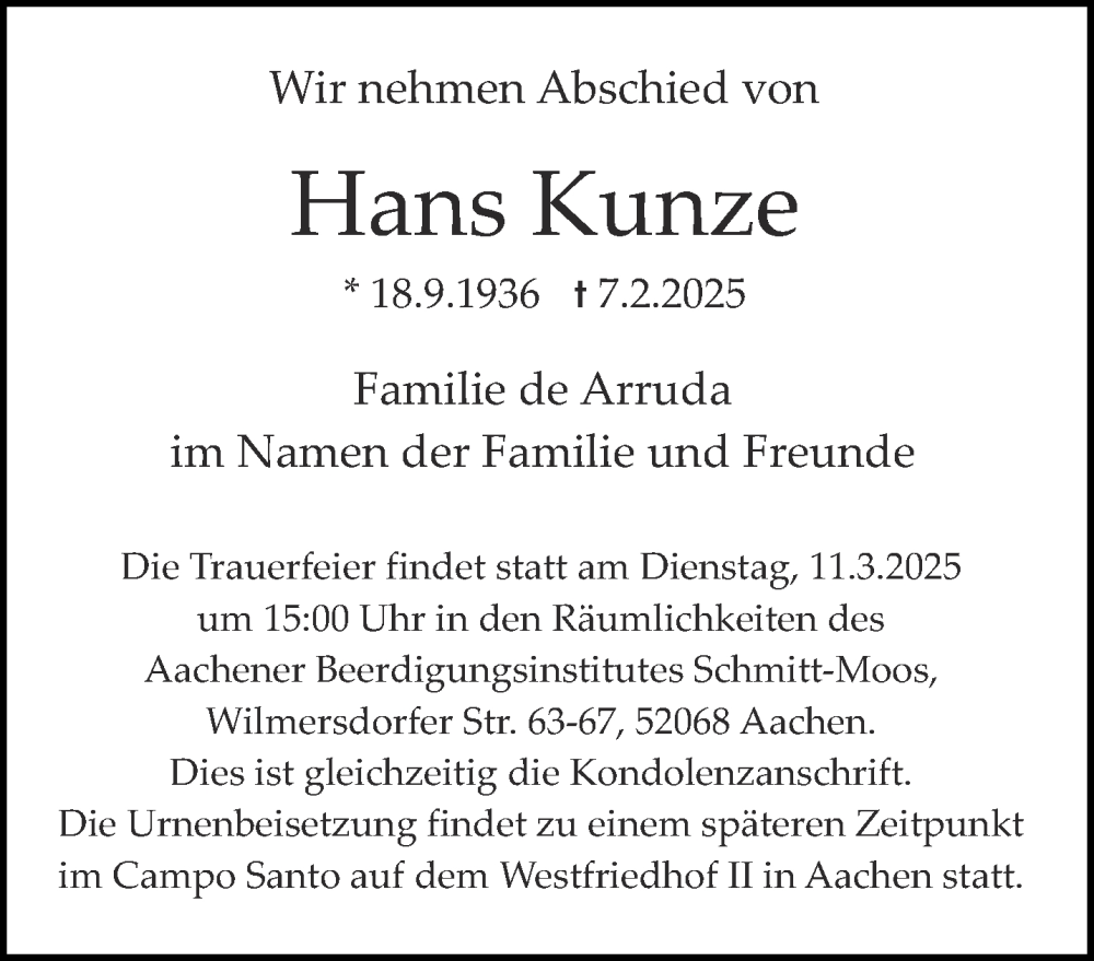  Traueranzeige für Hans Kunze vom 08.03.2025 aus Aachener Zeitung