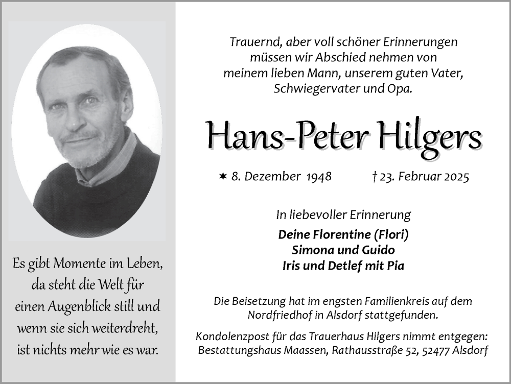  Traueranzeige für Hans-Peter Hilgers vom 02.03.2025 aus Zeitung am Sonntag