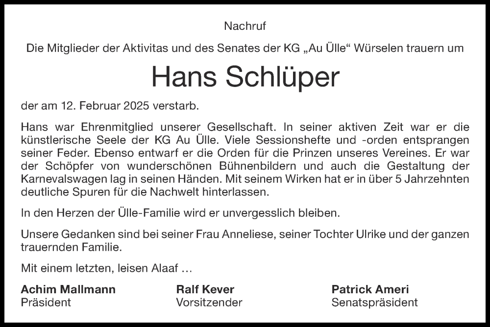  Traueranzeige für Hans Schlüper vom 02.03.2025 aus Zeitung am Sonntag