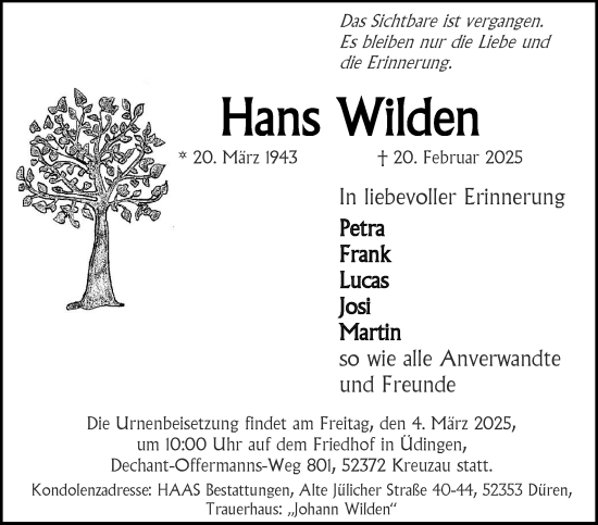 Traueranzeige von Hans Wilden von Zeitung am Sonntag