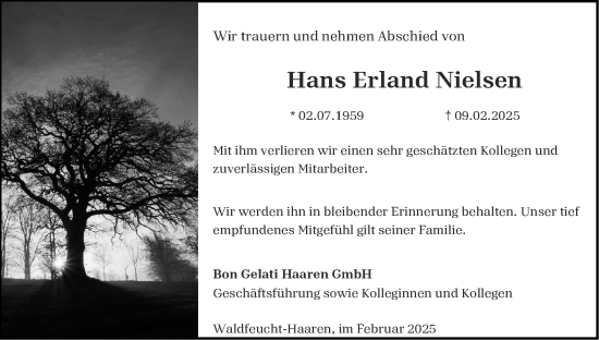 Traueranzeige von Hans Erland Nielsen von Zeitung am Sonntag