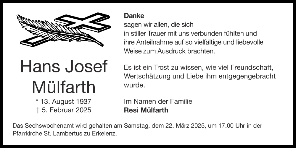  Traueranzeige für Hans Josef Mülfarth vom 09.03.2025 aus Zeitung am Sonntag