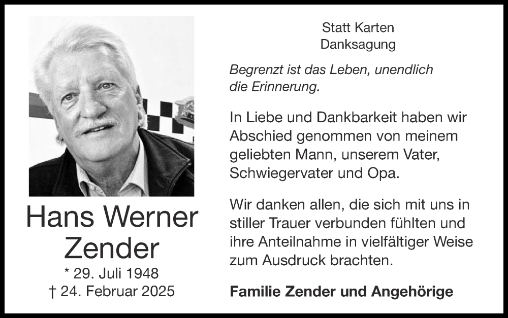  Traueranzeige für Hans Werner Zender vom 23.03.2025 aus Zeitung am Sonntag
