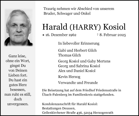 Traueranzeige von Harald Kosiol von Zeitung am Sonntag