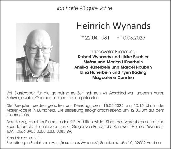 Traueranzeige von Heinrich Wynands von Aachener Zeitung