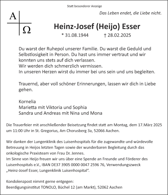Traueranzeige von Heinz-Josef Esser von Aachener Zeitung