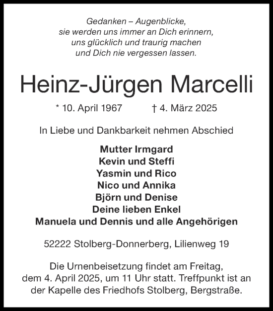 Traueranzeige von Heinz-Jürgen Marcelli von Zeitung am Sonntag
