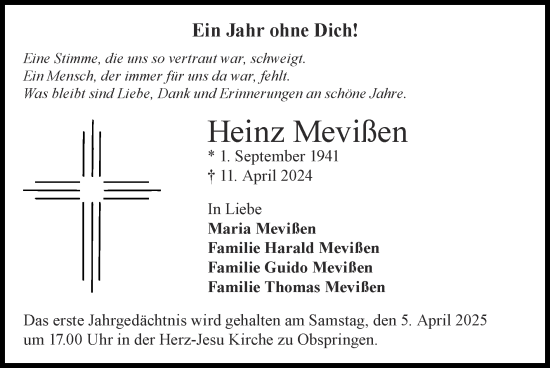 Traueranzeige von Heinz Mevißen von Zeitung am Sonntag