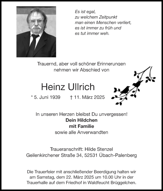 Traueranzeige von Heinz Ullrich von Zeitung am Sonntag