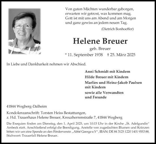Traueranzeige von Helene Breuer von Zeitung am Sonntag