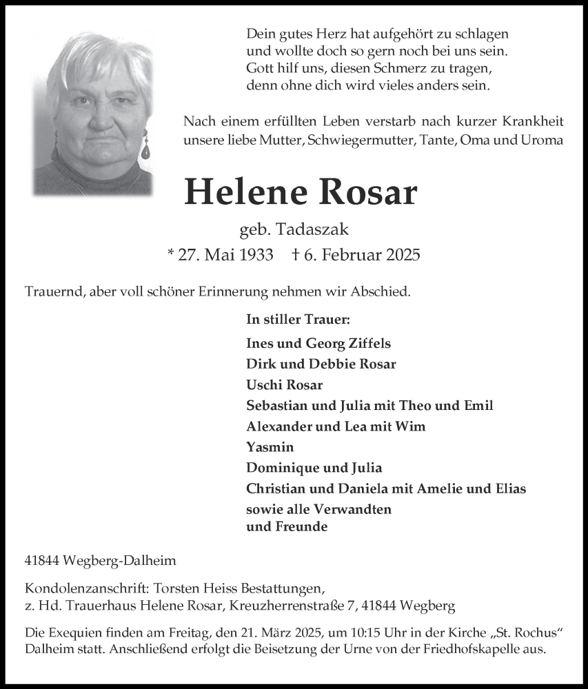  Traueranzeige für Helene Rosar vom 16.03.2025 aus Zeitung am Sonntag