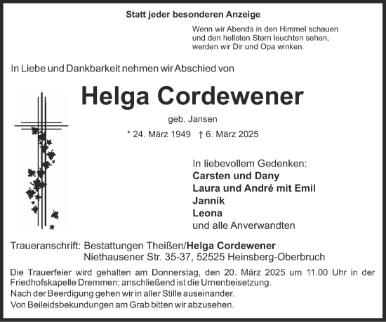 Traueranzeige von Helga Cordewener von Zeitung am Sonntag