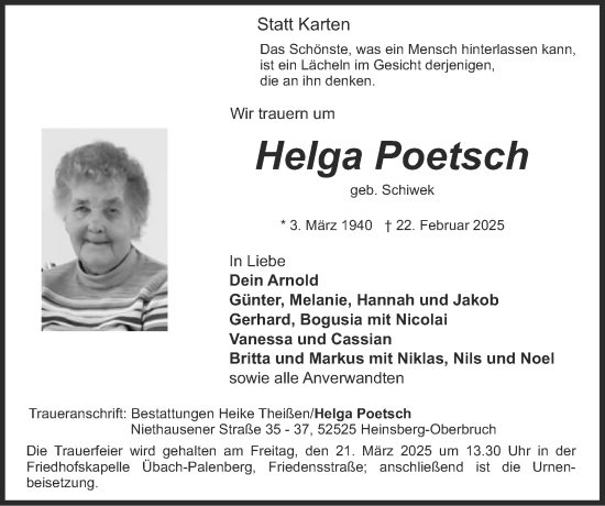 Traueranzeige von Helga Poetsch von Zeitung am Sonntag