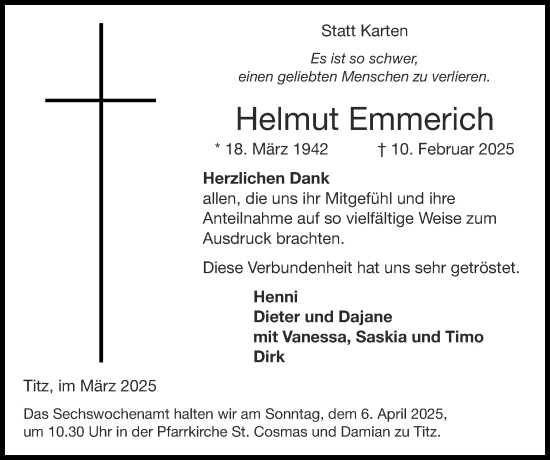 Traueranzeige von Helmut Emmerich von Zeitung am Sonntag