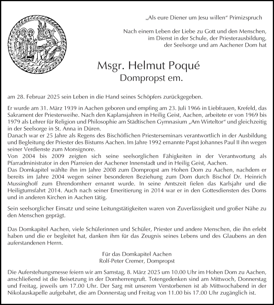  Traueranzeige für Helmut Poqué vom 05.03.2025 aus Aachener Zeitung