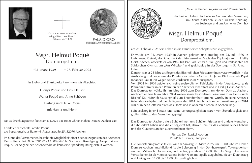  Traueranzeige für Helmut Poqué vom 05.03.2025 aus Aachener Zeitung