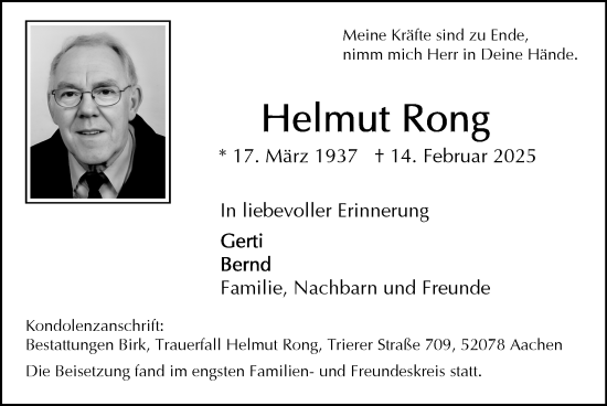 Traueranzeige von Helmut Rong von Zeitung am Sonntag