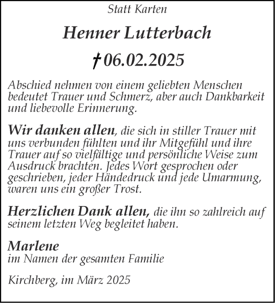 Traueranzeige von Henner Lutterbach von Zeitung am Sonntag