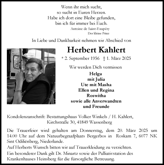 Traueranzeige von Herbert Kahlert von Zeitung am Sonntag