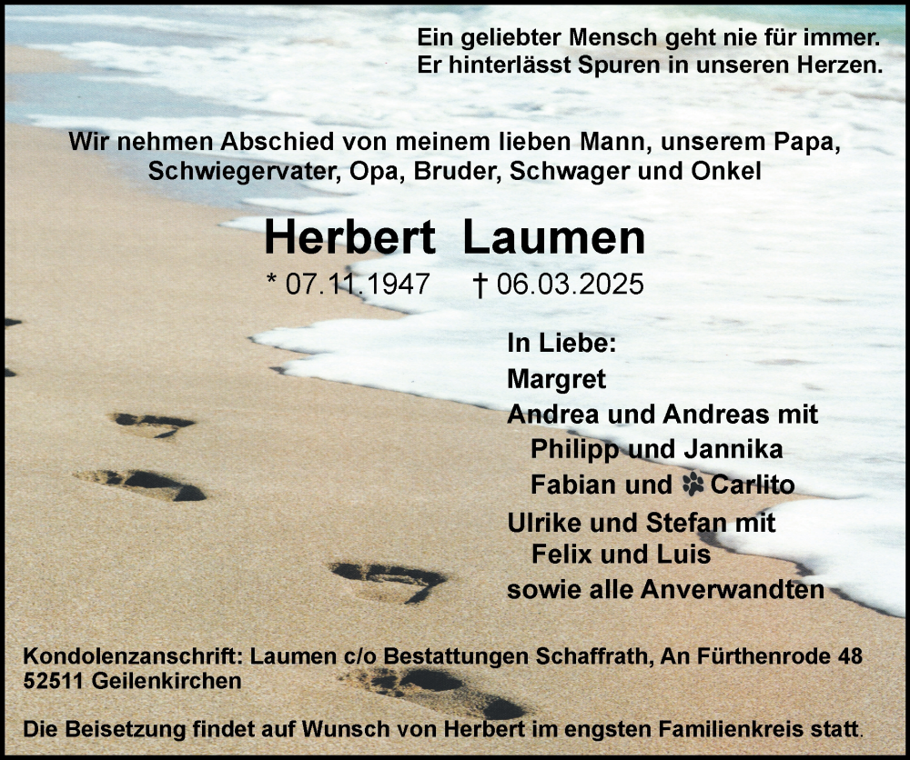  Traueranzeige für Herbert Laumen vom 16.03.2025 aus Zeitung am Sonntag