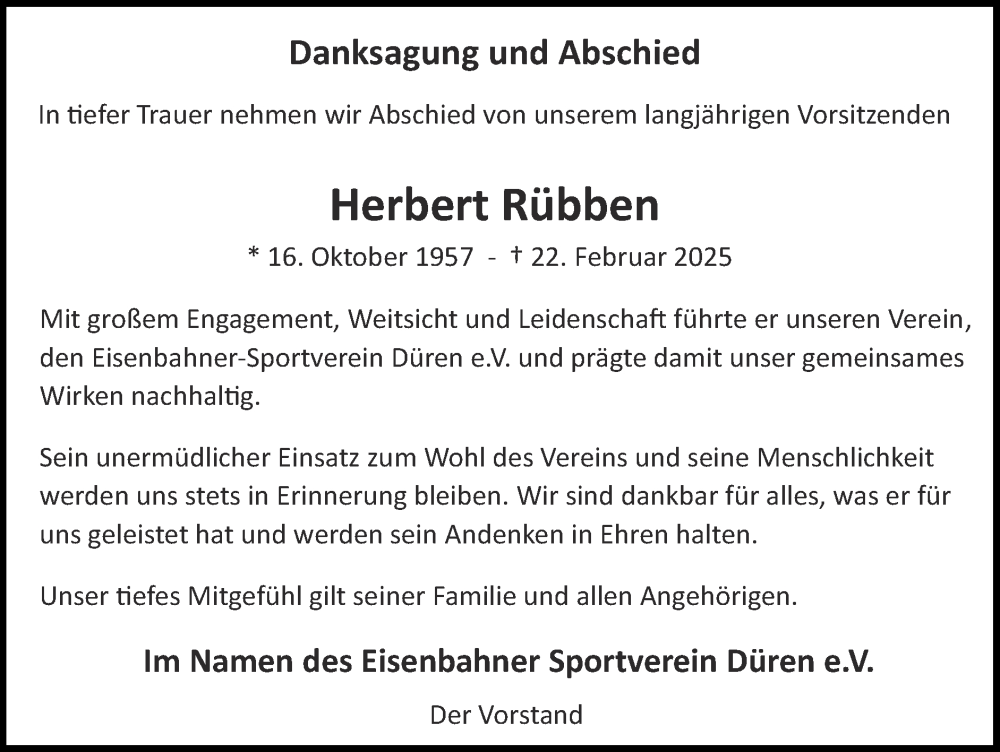  Traueranzeige für Herbert Rübben vom 16.03.2025 aus Zeitung am Sonntag