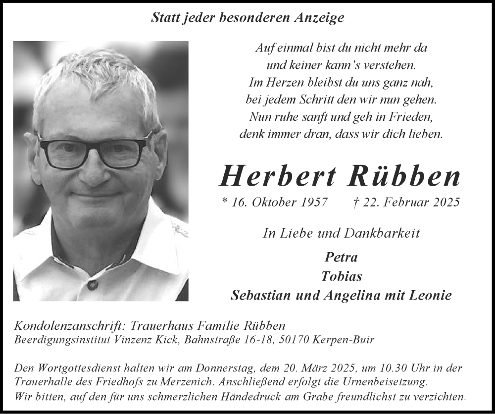  Traueranzeige für Herbert Rübben vom 16.03.2025 aus Zeitung am Sonntag