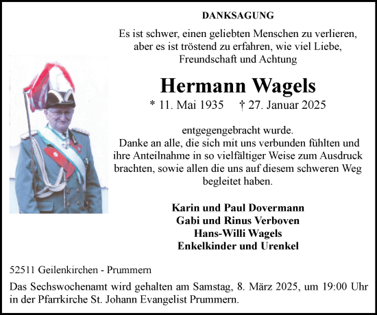 Traueranzeige von Hermann Wagels von Zeitung am Sonntag
