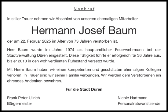 Traueranzeige von Hermann Josef Baum von Zeitung am Sonntag