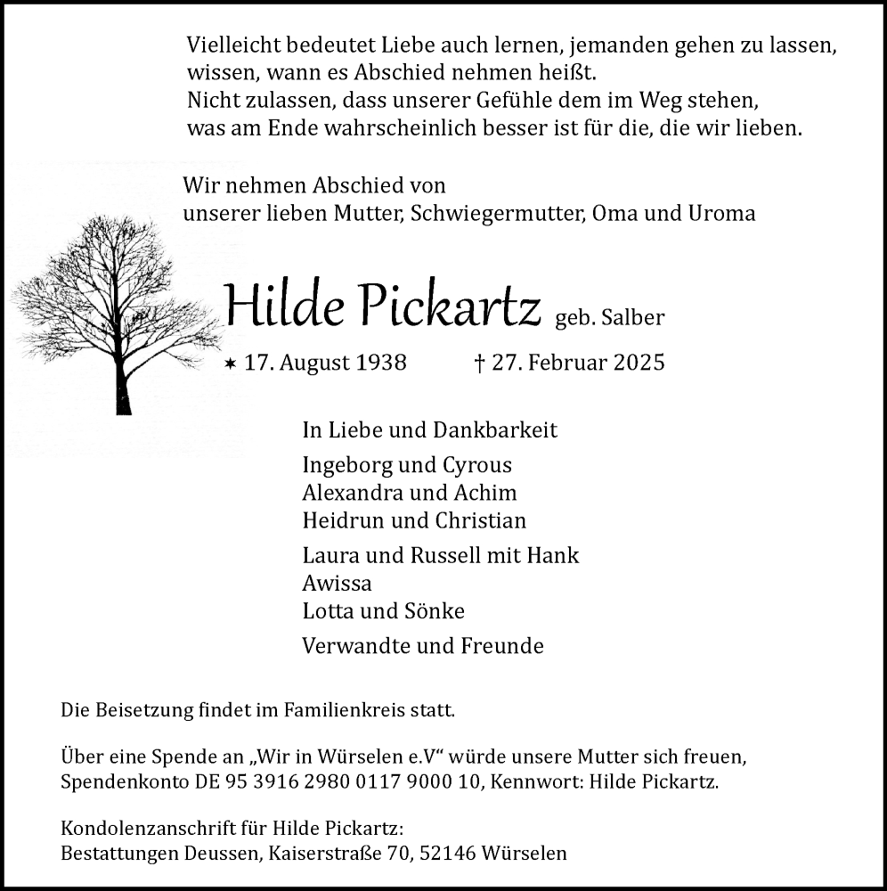  Traueranzeige für Hilde Pickartz vom 16.03.2025 aus Zeitung am Sonntag
