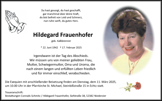 Traueranzeige von Hildegard Frauenhofer von Zeitung am Sonntag