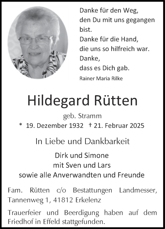 Traueranzeige von Hildegard Rütten von Zeitung am Sonntag