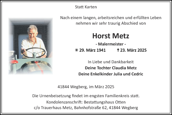 Traueranzeige von Horst Metz von Zeitung am Sonntag