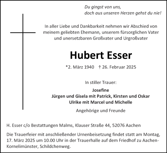 Traueranzeige von Hubert Esser von Zeitung am Sonntag
