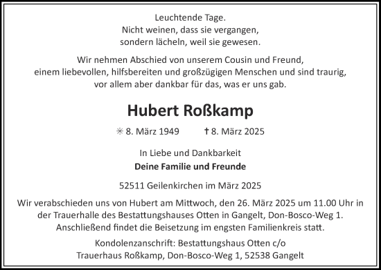 Traueranzeige von Hubert Roßkamp von Zeitung am Sonntag