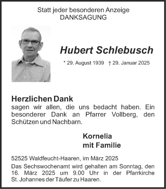 Traueranzeige von Hubert Schlebusch von Zeitung am Sonntag